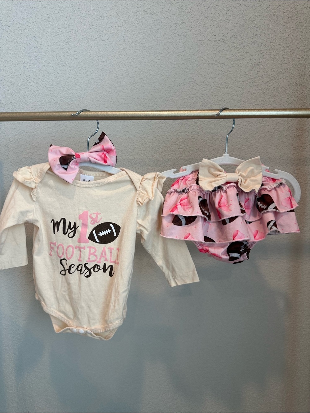 Cream Baby Bodysuit "My 1st Football Season" with Pink Bow headband and bloomers